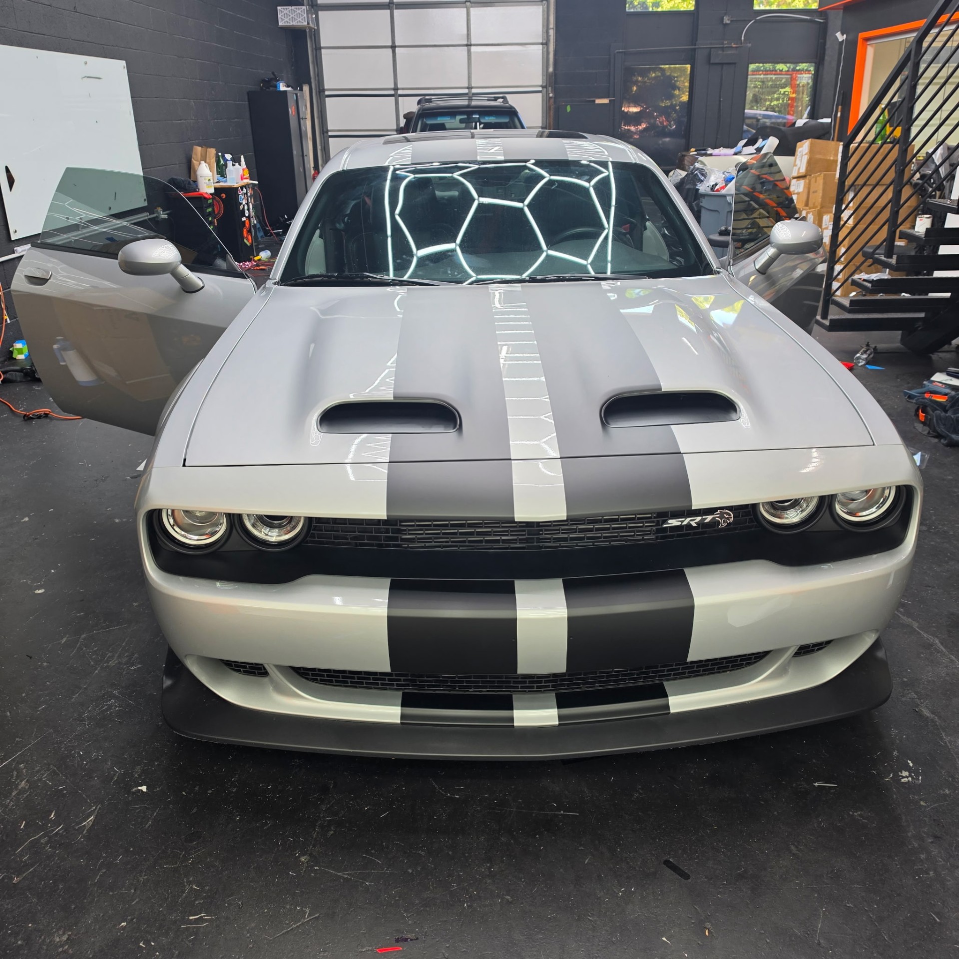 Challenger Hellcat Partial Stripes PPF, Partial PPF with printed racing stripes completed by OG Graphics in Crofton, MD